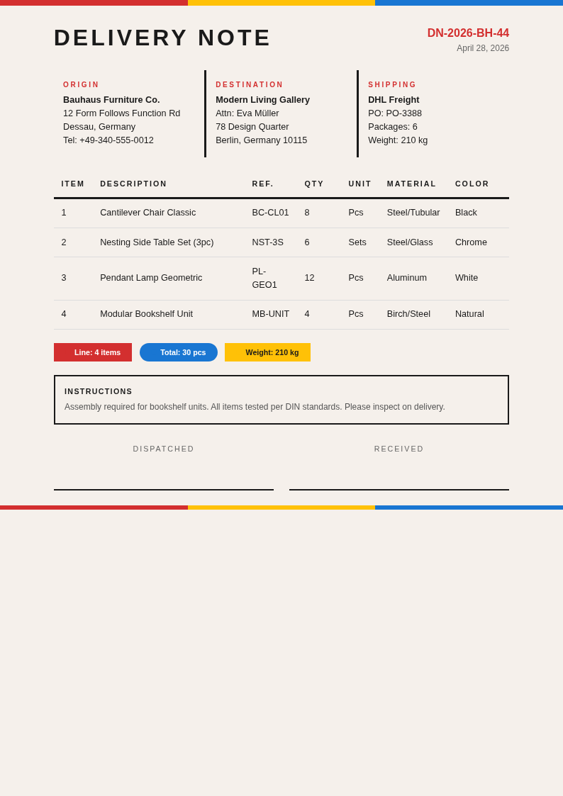Bauhaus inspired delivery note